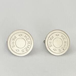 HERMES Vintage Clou de Selle Sellier Clip On Silver Tone Earrings Button